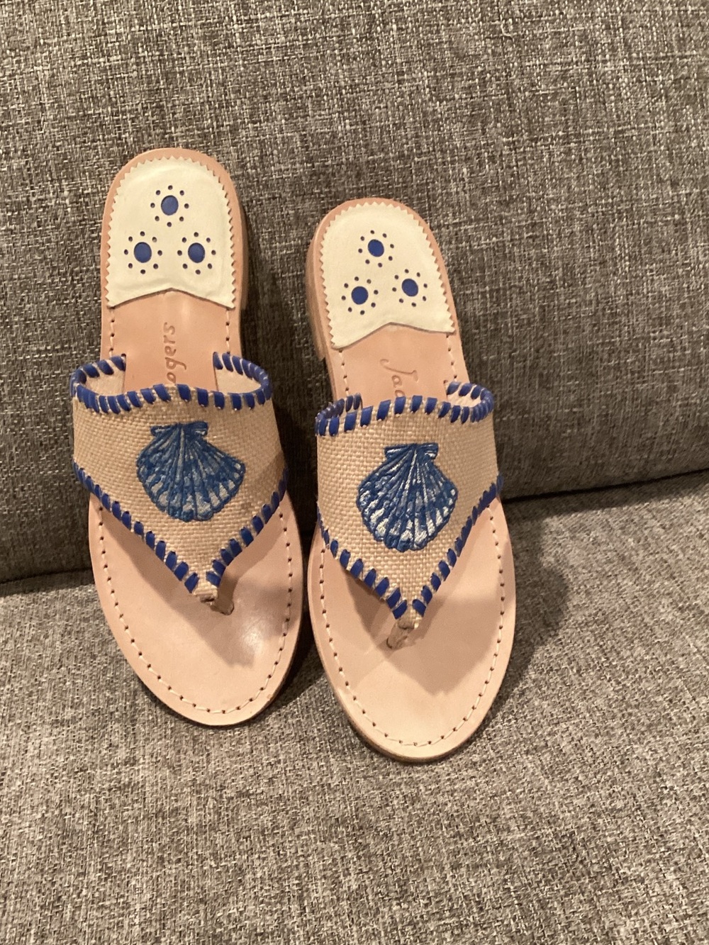 Jack Rogers Tan Sandals with Blue Shell Embroidery - Women